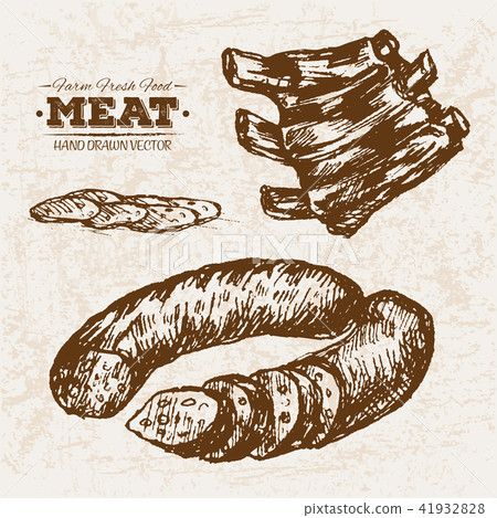 Hand drawn sketch salami and ribs meat products Hand drawn sketch salami and ribs meat products 41932828