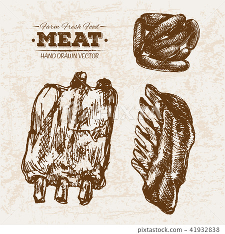 Hand drawn sketch sausages and ribs meat 41932838