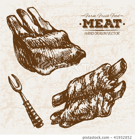 Hand drawn sketch ribs meat products set Hand drawn sketch ribs meat products set 41932852