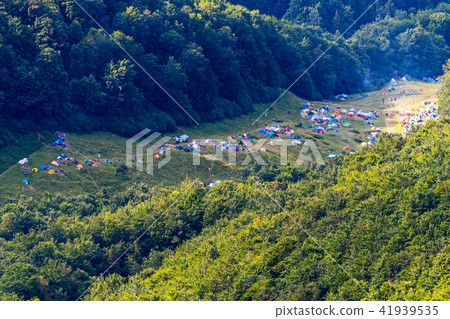 Multicolored spots on the green grass in the valle 41939535