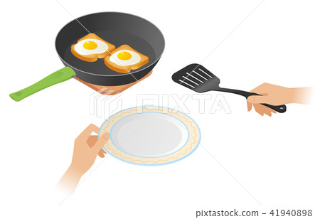 The frying pan with scrambled eggs on the toasts 41940898