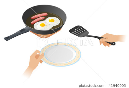 The frying pan with scrambled eggs with sausages 41940903