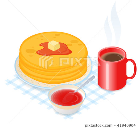 dish with pancakes, jam and cup of coffee dish with pancakes, jam and cup of coffee 41940904