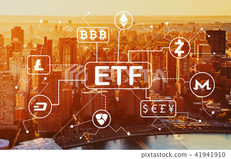Cryptocurrency ETF theme with aerial view of NY skyline 41941910
