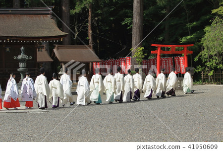 為了這個緣故 他們是在滋賀縣的taga Taisha神社散步的服裝的人 照片素材 圖片 圖庫