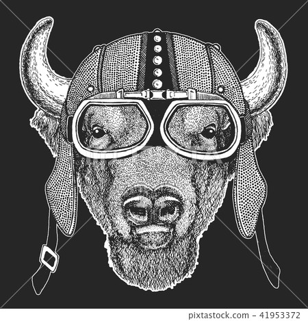 Buffalo, bison,ox, bull Vintage motorcycle hemlet. Retro style illustration with animal biker for 41953372