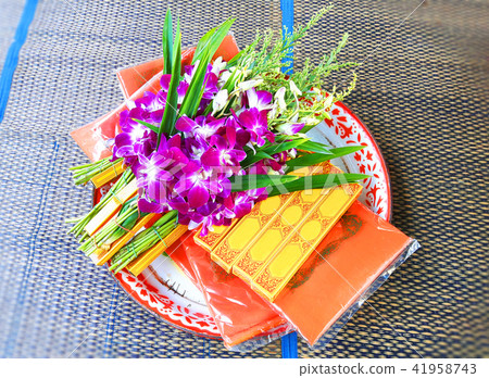 Set of orchid flowers, candles, incense for holy 41958743