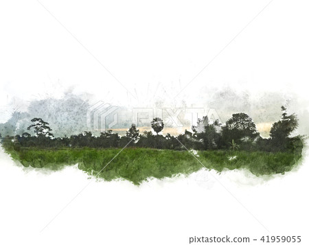 tree and field landscape on watercolor painting 41959055