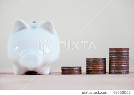 Piggy bank and stack of coin. 41960092