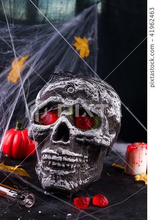 Happy Halloween Party Table with spider web and skull Happy Halloween Party Table with spider web and skull 41962463