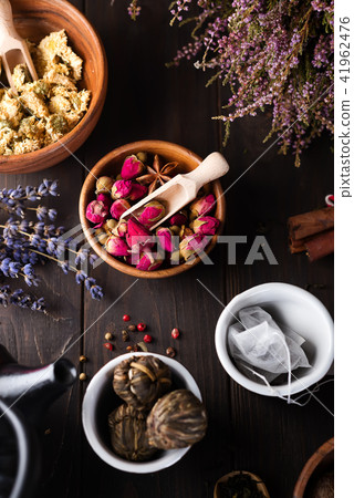 Herbal natural floral tea infusion with dry flowers lavender ingredients Herbal natural floral tea infusion with dry flowers lavender ingredients 41962476