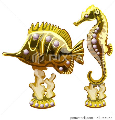 Figurine of golden exotic fish and a seahorse isolated on a white background. Cartoon vector close 41963062