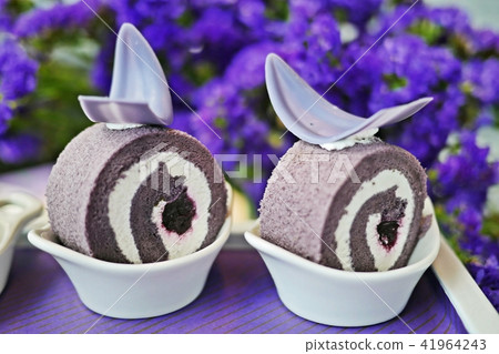 Set of afternoon tea in lavender theme. Roll cake. 41964243