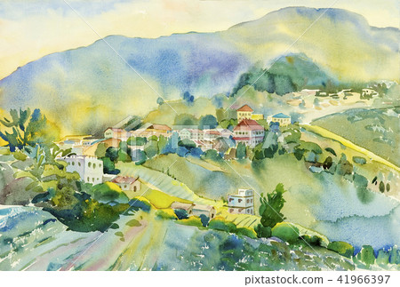 Watercolor landscape painting of mountain village. 41966397