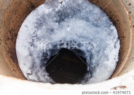 top view of frozen water and ice hole in well top view of frozen water and ice hole in well 41974071