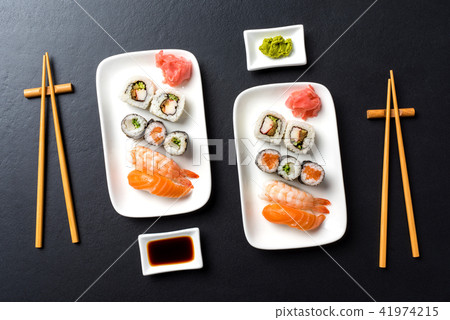 Japanese sushi with soy sauce and wasabi 41974215