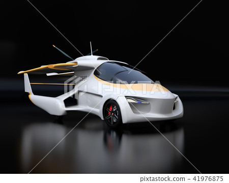 Conception image of a flying car (flying car) which is used as a car with its main wing stored in black back Conception image of a flying car (flying car) which is used as a car with its main wing stored in black back 41976875