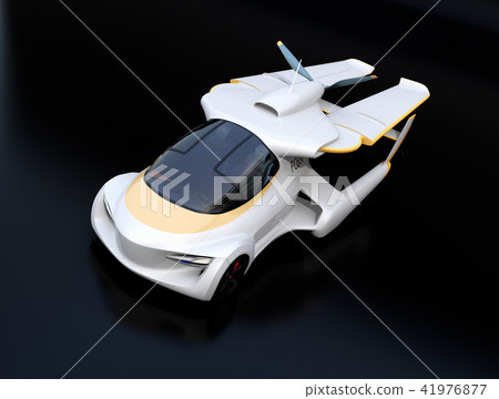 Conception image of a flying car (flying car) which is used as a car with its main wing stored in black back Conception image of a flying car (flying car) which is used as a car with its main wing stored in black back 41976877