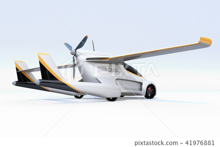 Concept image of a flying car (flying car) whose main wing has developed in white back 41976881