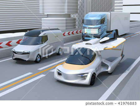 Concept image of a flying car running alongside a car on a highway Concept image of a flying car running alongside a car on a highway 41976883