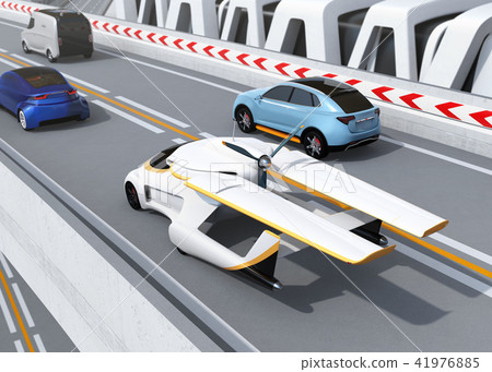 Concept image of a flying car running alongside a car on a highway Concept image of a flying car running alongside a car on a highway 41976885