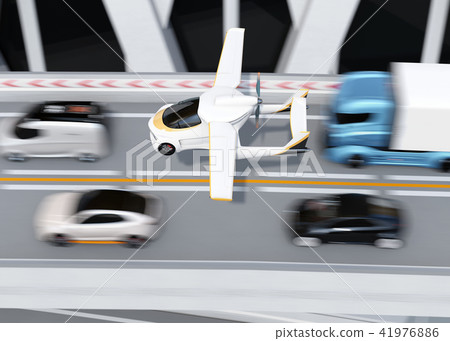 通過在高速公路擁塞行的一輛飛行汽車（飛行汽車）的概念圖像 41976886