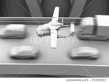 A clay rendering image of a flying car (flying car) passing over a row of highway congested traffic A clay rendering image of a flying car (flying car) passing over a row of highway congested traffic 41976887