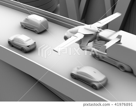 A clay rendering image of a flying car (flying car) passing over a row of highway congested traffic 41976891