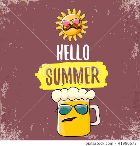 vector cartoon funky beer glass character and summer sun isolated on grunge background. Hello summer vector cartoon funky beer glass character and summer sun isolated on grunge background. Hello summer 41980672