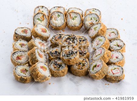 Japanese food restaurant, sushi maki gunkan roll plate or platter set. Sushi set and composition Japanese food restaurant, sushi maki gunkan roll plate or platter set. Sushi set and composition 41981959