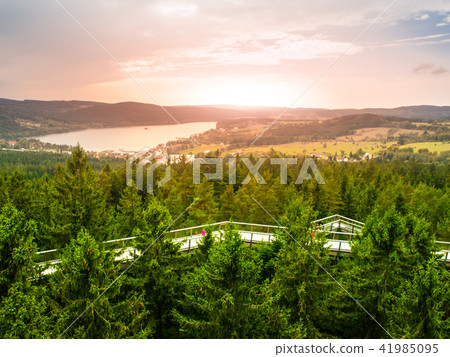 Aerial view of Lipno Dam from Treetop Walkway, Lipno nad Vltavou, Sumava National Park, South Aerial view of Lipno Dam from Treetop Walkway, Lipno nad Vltavou, Sumava National Park, South 41985095