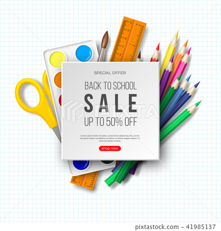 Back to school sale banner with realistic school supplies. White background, vector illustration. Back to school sale banner with realistic school supplies. White background, vector illustration. 41985137