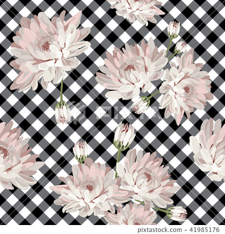 Floral seamless pattern with chrysanthemums on gingham, checked background. 41985176
