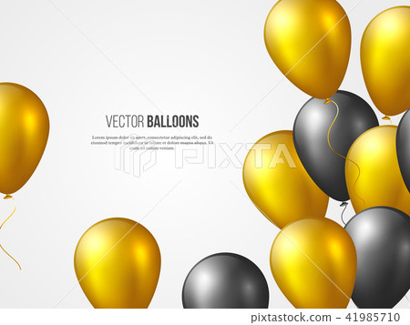 Flying 3D glossy balloons in golden and black colors. Decorative elements for party invitation 41985710