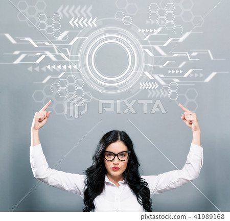 Circle Interface with business woman pointing upwards Circle Interface with business woman pointing upwards 41989168
