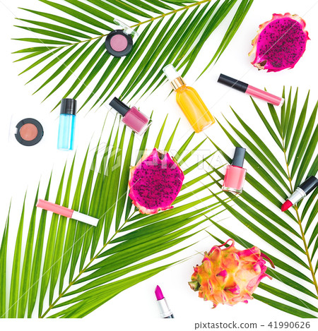 Composition of dragon fruits, palm leaf, cosmetic 41990626