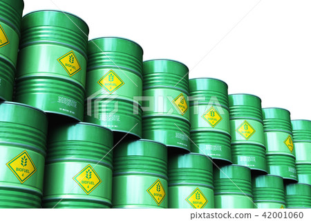 Stacked biofuel drums isolated on white background 42001060