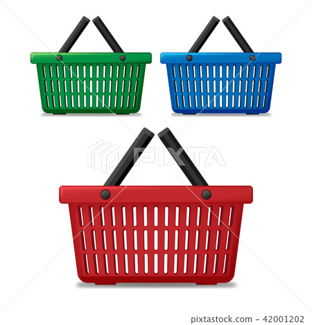 Realistic red, blue and green empty supermarket shopping basket isolated. Basket market cart for Realistic red, blue and green empty supermarket shopping basket isolated. Basket market cart for 42001202