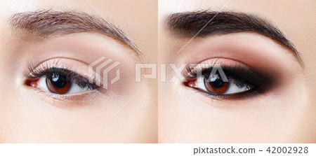 Female eye before and after makeup. Female eye before and after makeup. 42002928