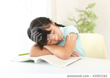 A Girl Who Fell Asleep While Studying Stock Photo