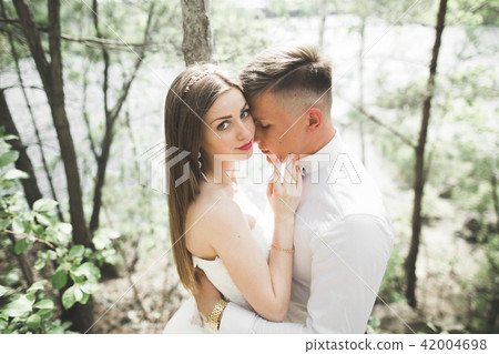 Kissing wedding couple staying over beautiful landscape 42004698