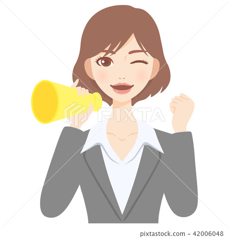 Young OL suits cheering with megaphone cute flat illustration Young OL suits cheering with megaphone cute flat illustration 42006048