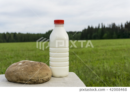 a bottle of fresh milk and a loaf of rustic bread a bottle of fresh milk and a loaf of rustic bread 42008468