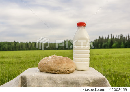 a bottle of fresh milk and a loaf of rustic bread a bottle of fresh milk and a loaf of rustic bread 42008469