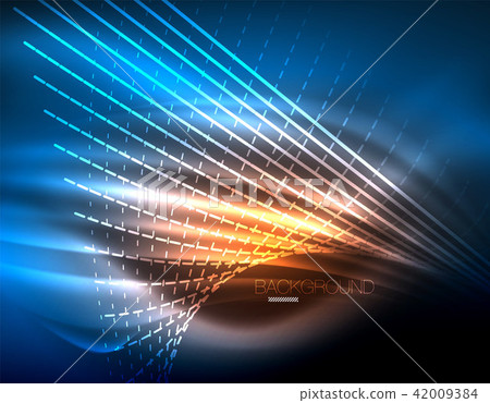 Smooth light effect, straight lines on glowing shiny neon dark background. Energy technology idea 42009384