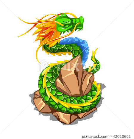 Colorful dragon wrapped around a pile of stones isolated on white background. Vector cartoon close Colorful dragon wrapped around a pile of stones isolated on white background. Vector cartoon close 42010691