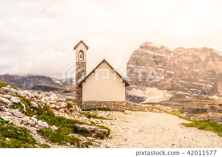 Small mountain chapel, Cappella degli Alpini, at Tre Cime di Lavaredo, Dolomites, Italy 42011577