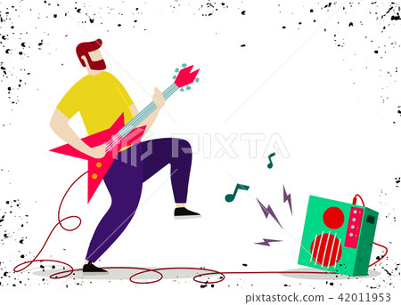 Young man with beard playing electric guitar.  42011953