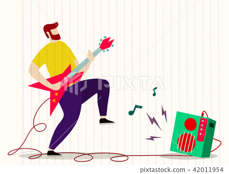 Young man with beard playing electric guitar.  42011954