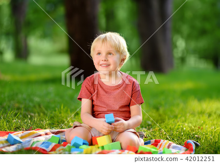 Cute preschooler boy playing with colorful cubes on the grass in summer park Cute preschooler boy playing with colorful cubes on the grass in summer park 42012251